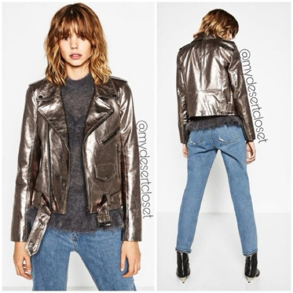 ZARA Genuine Leather Gunmetal Moto Jacket size XS